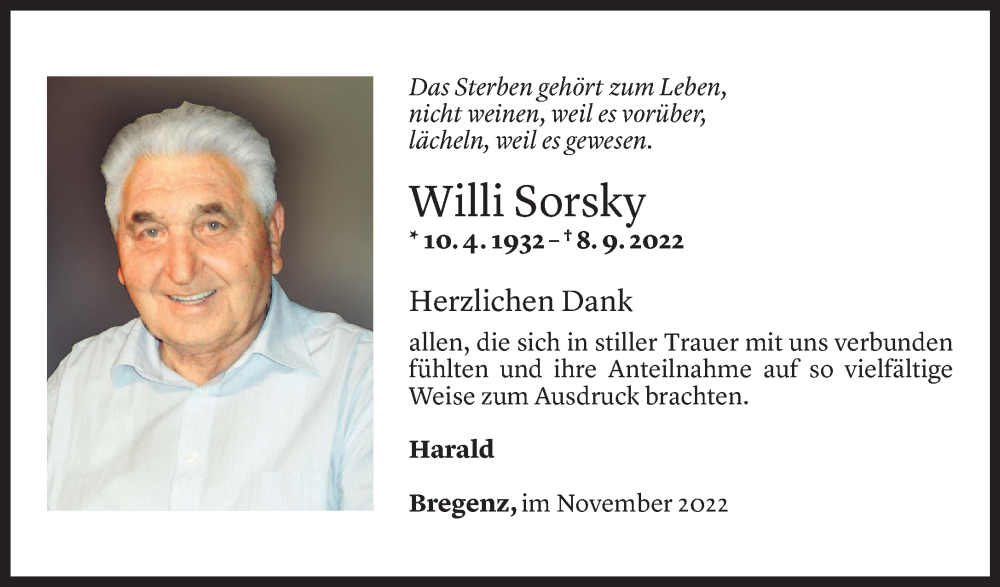  Todesanzeige für Willi Sorsky vom 01.11.2022 aus Vorarlberger Nachrichten