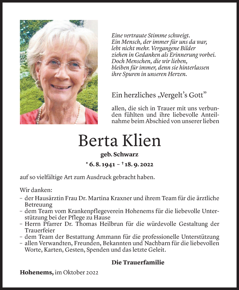  Todesanzeige für Berta Klien vom 08.10.2022 aus Vorarlberger Nachrichten