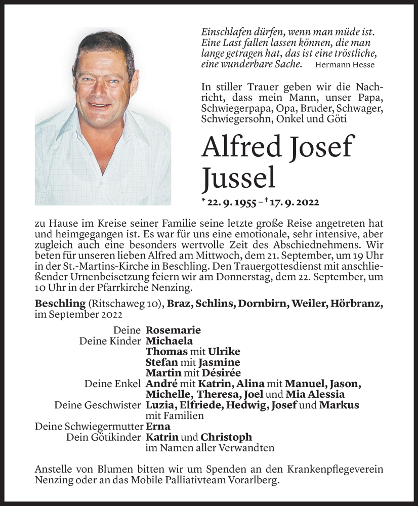  Todesanzeige für Alfred Jussel vom 13.10.2022 aus Vorarlberger Nachrichten