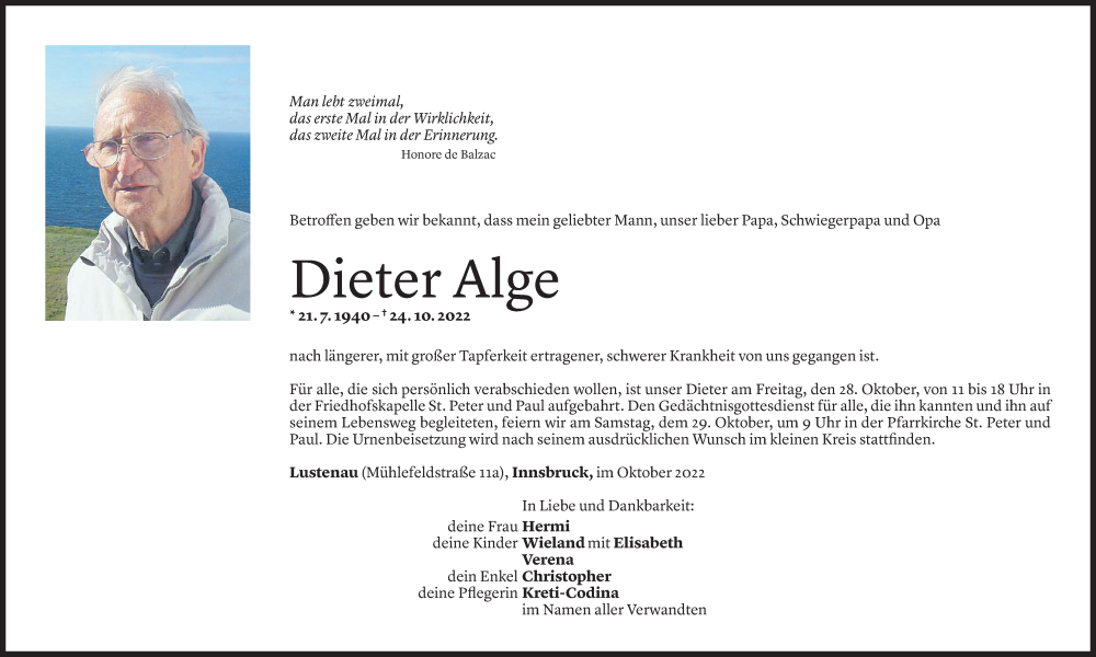  Todesanzeige für Dieter Alge vom 26.10.2022 aus Vorarlberger Nachrichten
