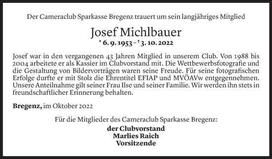 Todesanzeige von Josef Michlbauer von Vorarlberger Nachrichten