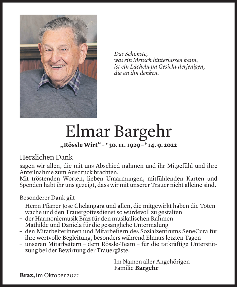  Todesanzeige für Elmar Bargehr vom 31.10.2022 aus Vorarlberger Nachrichten
