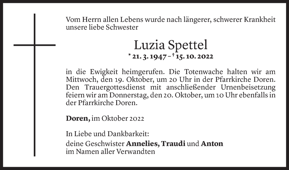  Todesanzeige für Luzia Spettel vom 18.10.2022 aus Vorarlberger Nachrichten