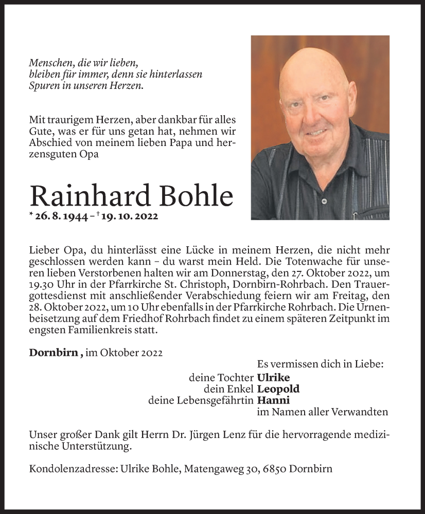  Todesanzeige für Rainhard Bohle vom 22.10.2022 aus Vorarlberger Nachrichten