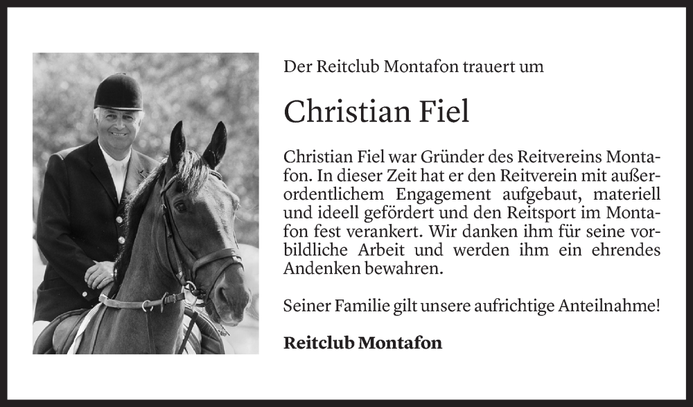  Todesanzeige für Christian Fiel vom 15.10.2022 aus Vorarlberger Nachrichten