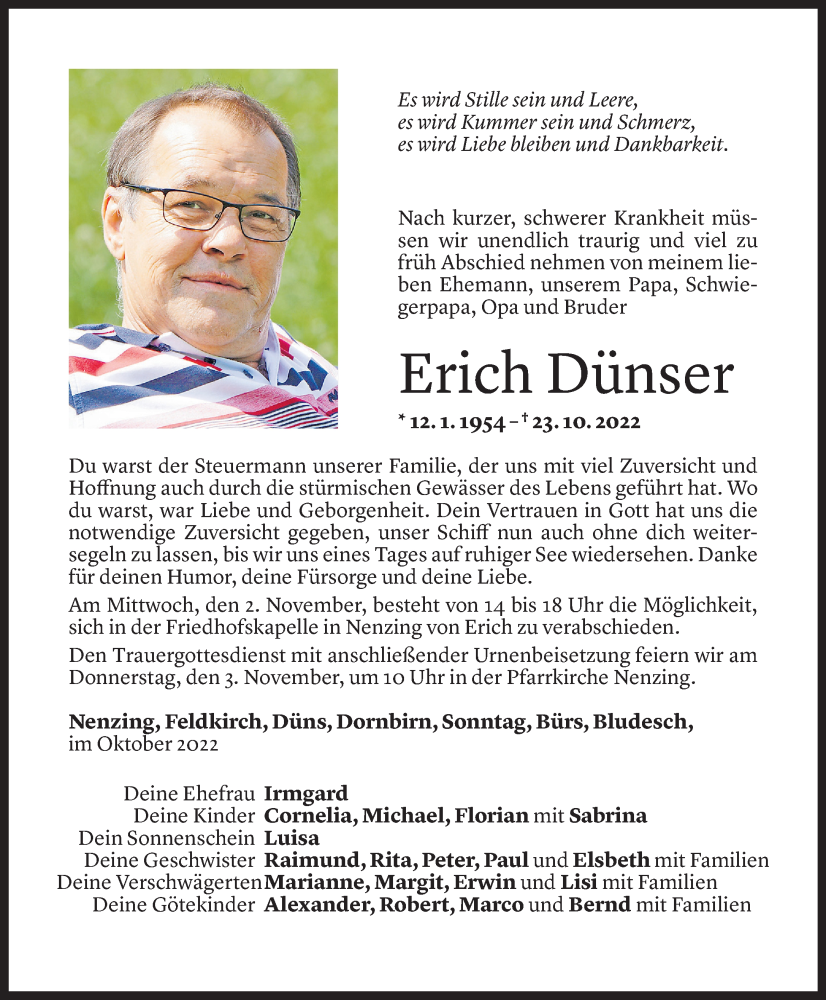  Todesanzeige für Erich Dünser vom 29.10.2022 aus Vorarlberger Nachrichten