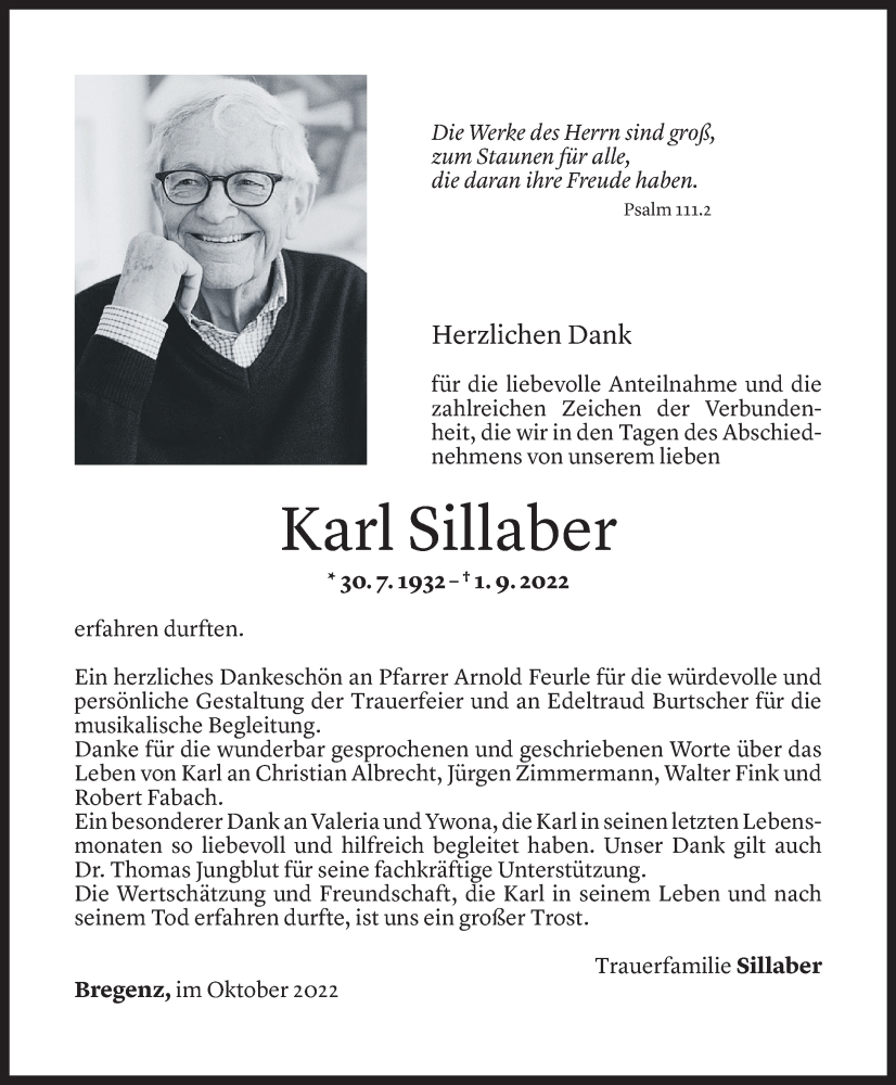  Todesanzeige für Karl Sillaber vom 15.10.2022 aus Vorarlberger Nachrichten