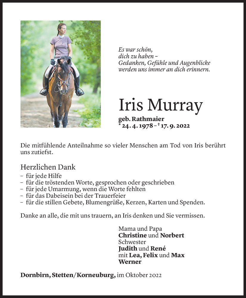  Todesanzeige für Iris Murray vom 22.10.2022 aus Vorarlberger Nachrichten