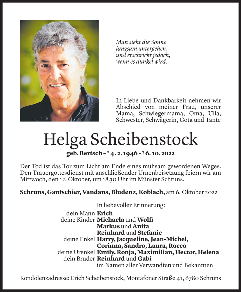  Todesanzeige für Helga Scheibenstock vom 09.10.2022 aus Vorarlberger Nachrichten