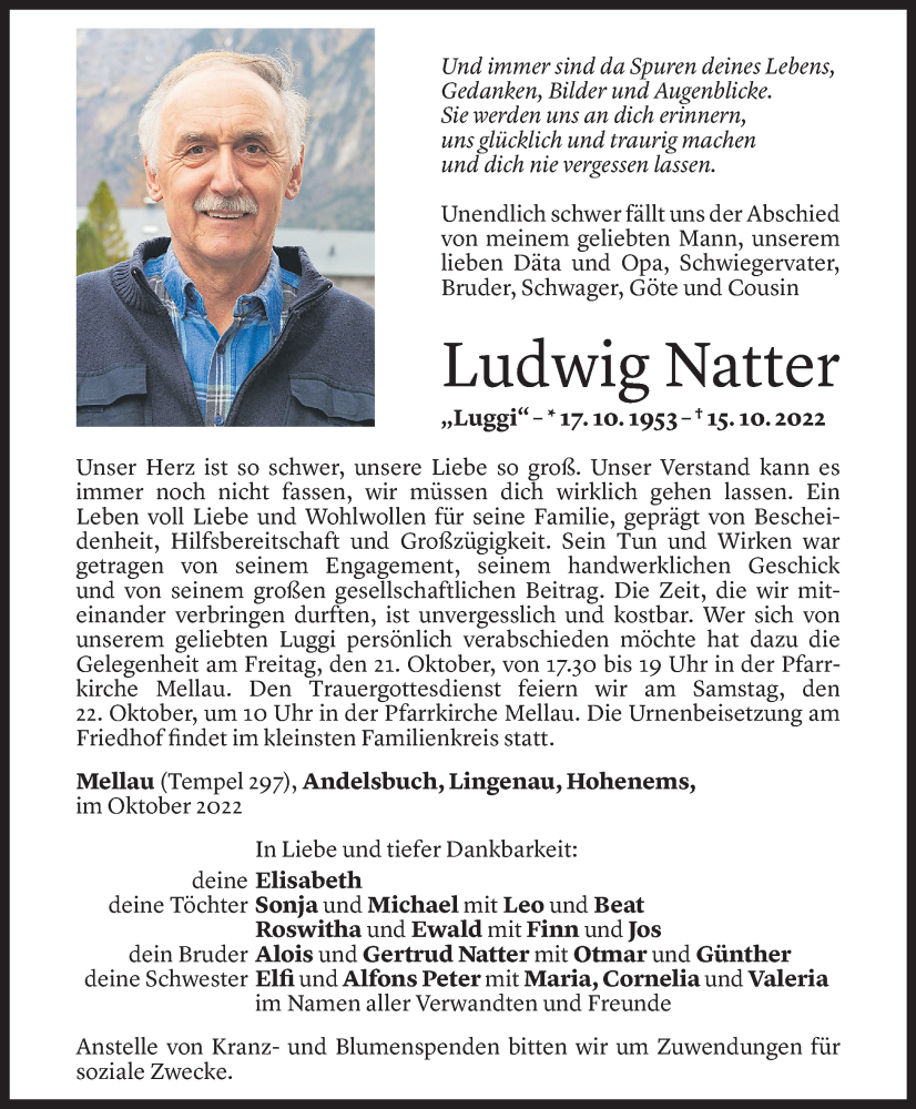  Todesanzeige für Ludwig Natter vom 20.10.2022 aus Vorarlberger Nachrichten