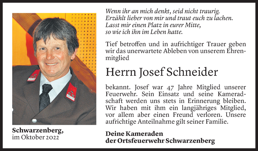  Todesanzeige für Josef Schneider vom 06.10.2022 aus Vorarlberger Nachrichten