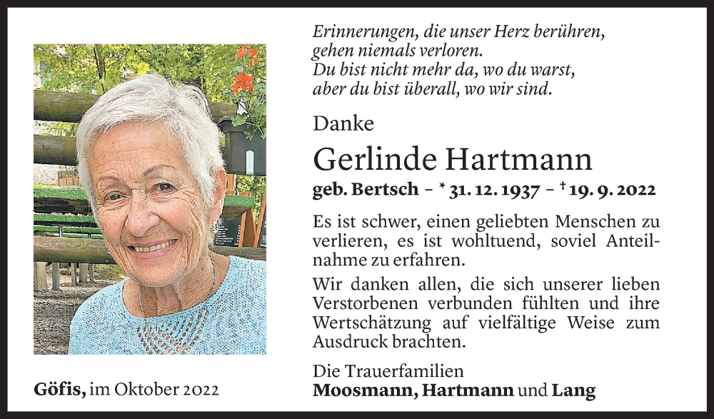  Todesanzeige für Gerlinde Hartmann vom 14.10.2022 aus Vorarlberger Nachrichten
