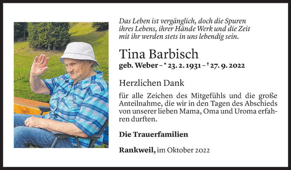  Todesanzeige für Tina Barbisch vom 18.10.2022 aus Vorarlberger Nachrichten
