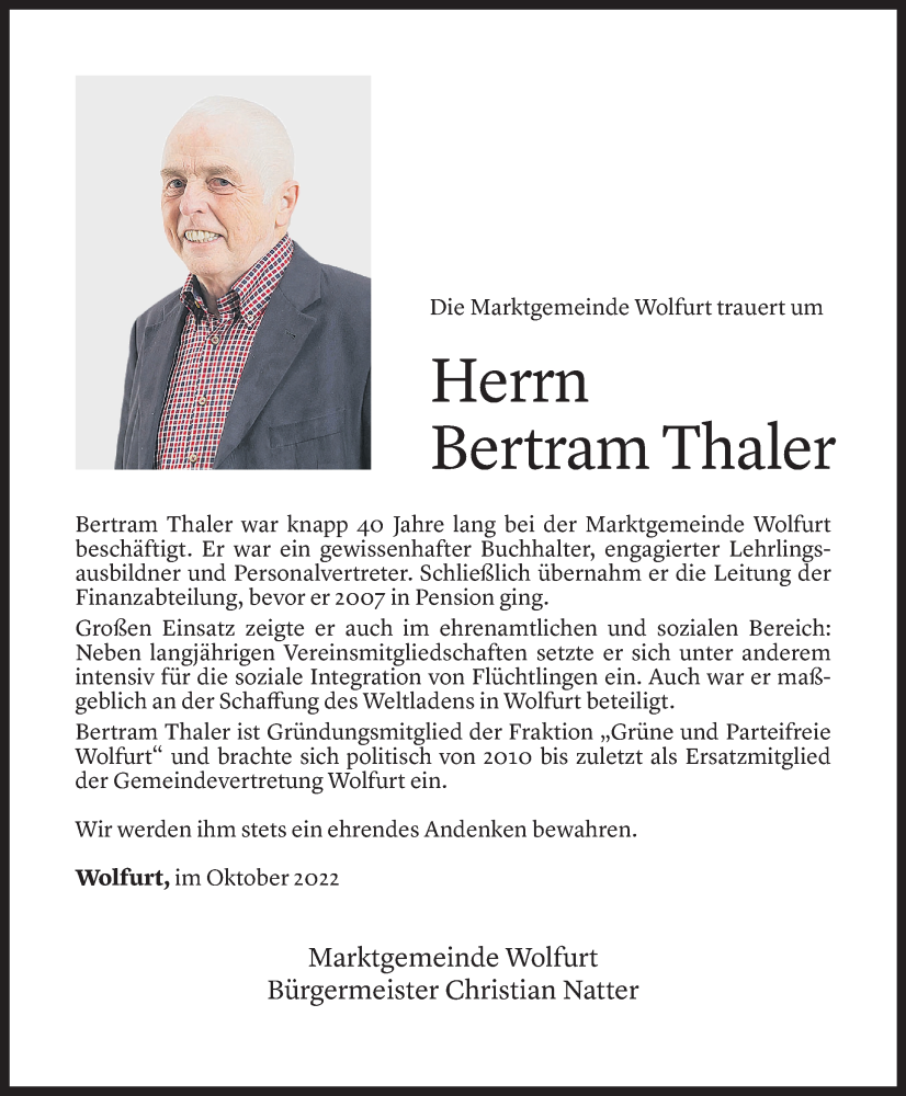  Todesanzeige für Bertram Thaler vom 29.10.2022 aus Vorarlberger Nachrichten