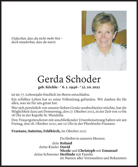 Todesanzeige von Gerda Schoder von Vorarlberger Nachrichten