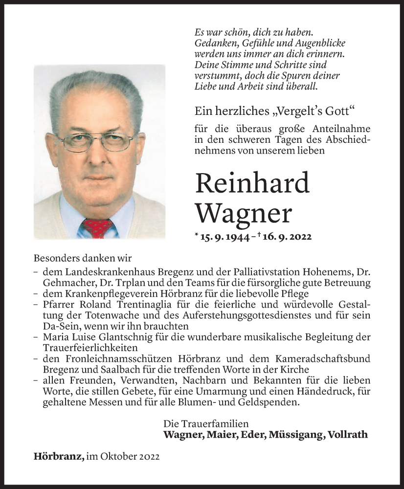  Todesanzeige für Reinhard Wagner vom 20.10.2022 aus Vorarlberger Nachrichten