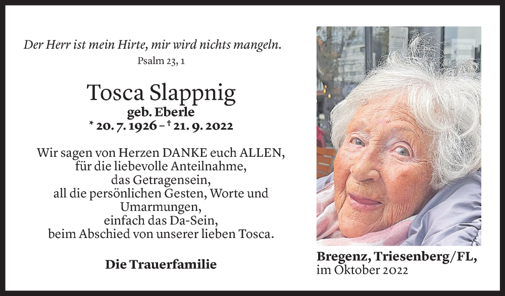  Todesanzeige für Tosca Slappnig vom 20.10.2022 aus Vorarlberger Nachrichten