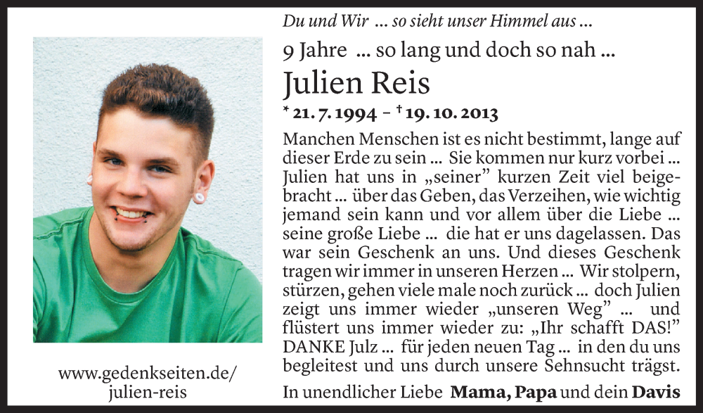  Todesanzeige für Julien Reis vom 19.10.2022 aus Vorarlberger Nachrichten