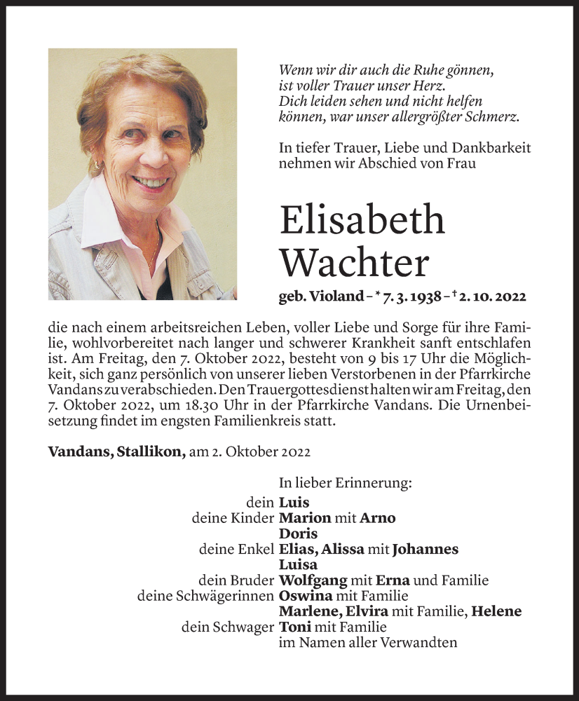  Todesanzeige für Elisabeth Wachter vom 05.10.2022 aus Vorarlberger Nachrichten