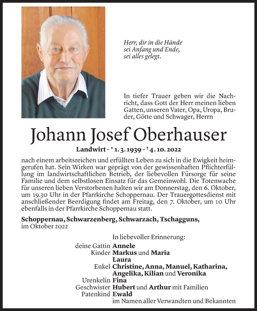  Todesanzeige für Johann Josef Oberhauser vom 06.10.2022 aus Vorarlberger Nachrichten