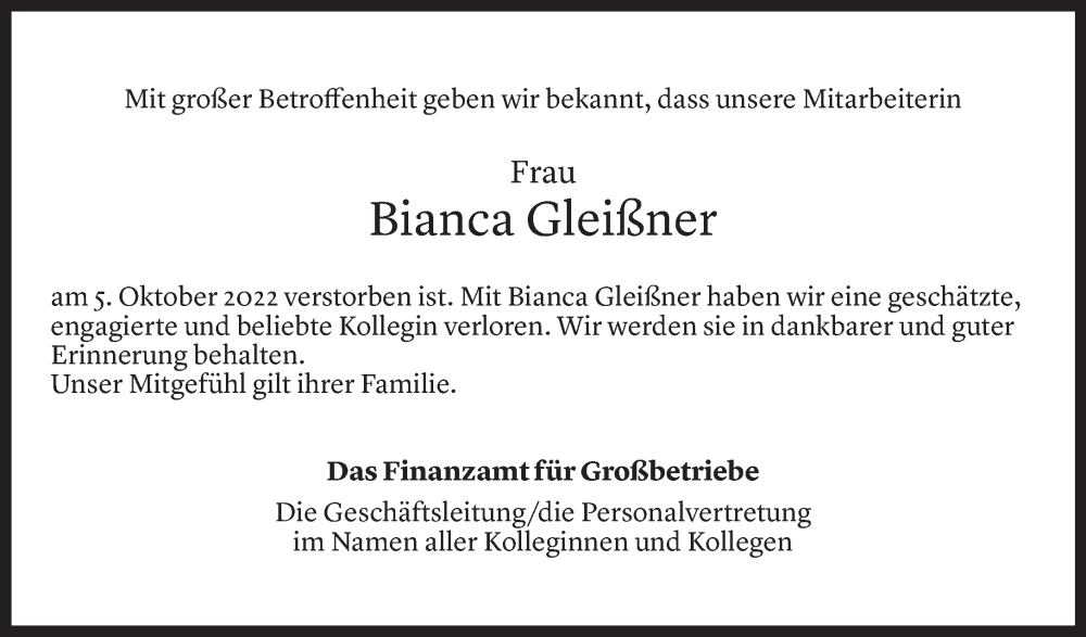  Todesanzeige für Bianca Gleißner vom 07.10.2022 aus Vorarlberger Nachrichten