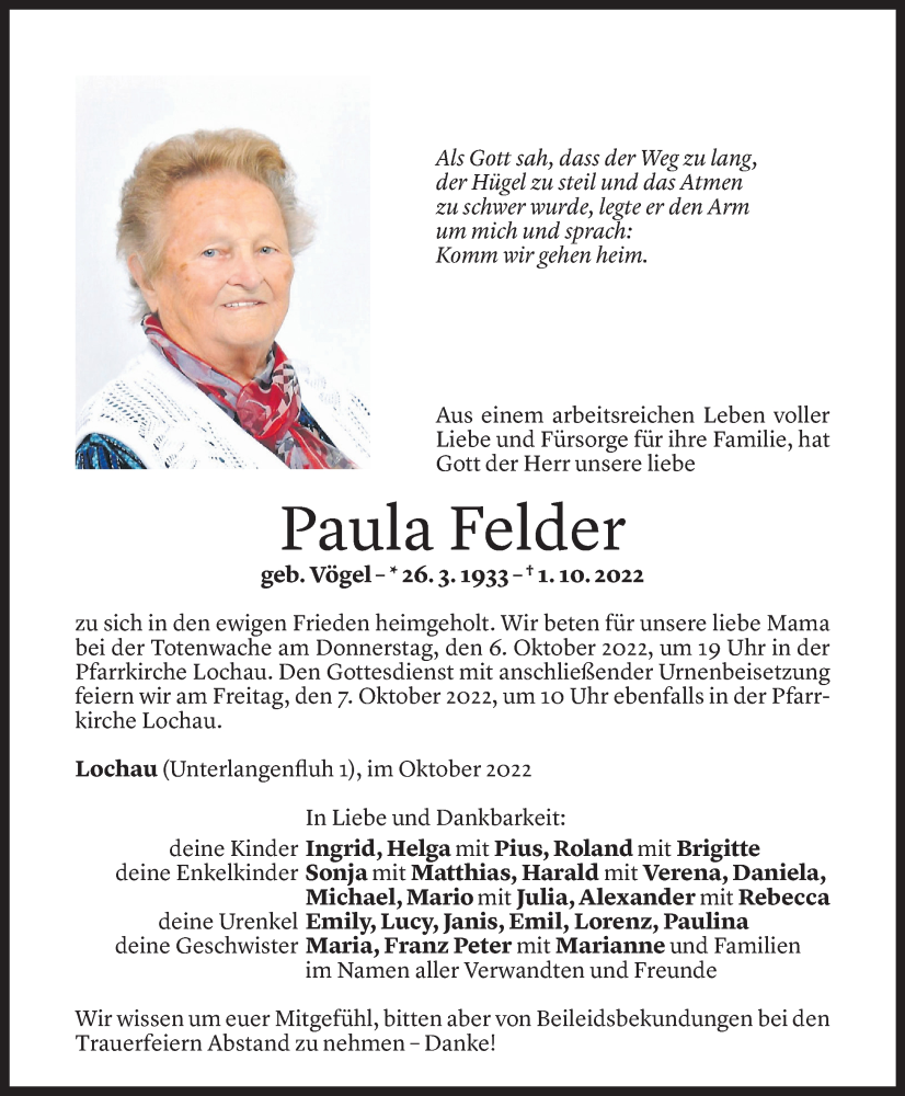  Todesanzeige für Paula Felder vom 05.10.2022 aus Vorarlberger Nachrichten