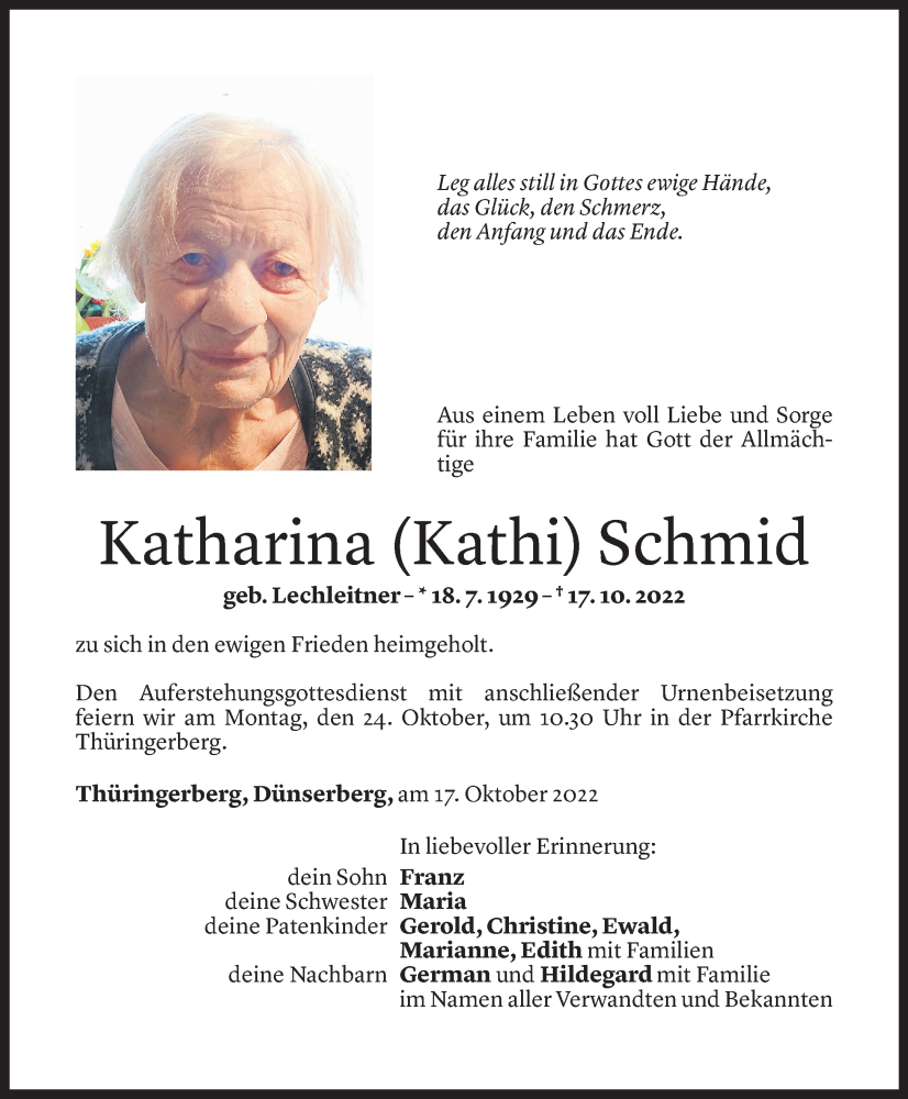  Todesanzeige für Katharina Schmid vom 21.10.2022 aus Vorarlberger Nachrichten