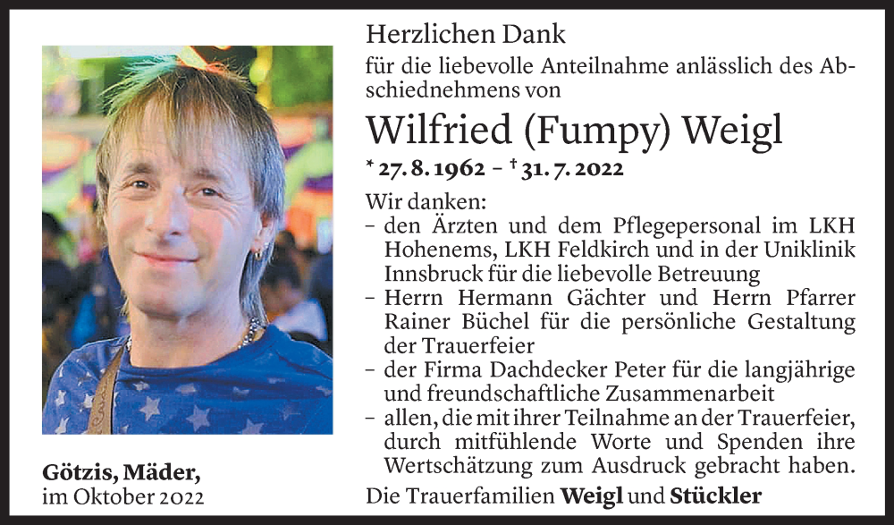  Todesanzeige für Wilfried Weigl vom 14.10.2022 aus Vorarlberger Nachrichten