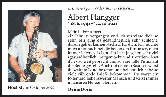 Todesanzeige von Albert Plangger von Vorarlberger Nachrichten