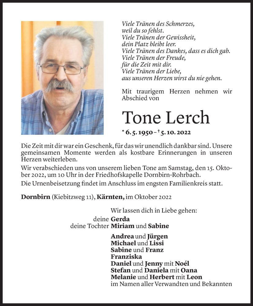  Todesanzeige für Tone Lerch vom 11.10.2022 aus Vorarlberger Nachrichten