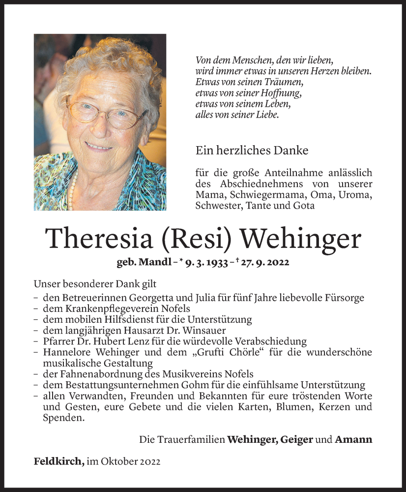  Todesanzeige für Theresia Wehinger vom 28.10.2022 aus Vorarlberger Nachrichten