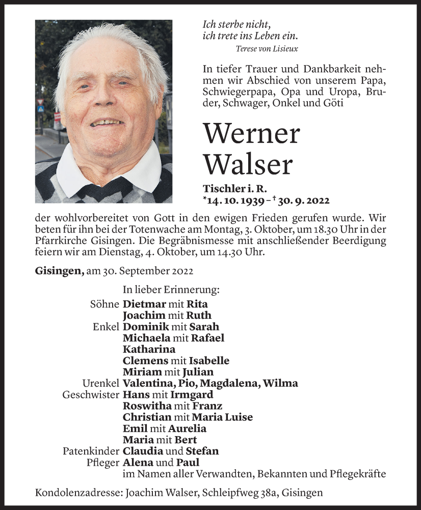  Todesanzeige für Werner Walser vom 02.10.2022 aus Vorarlberger Nachrichten