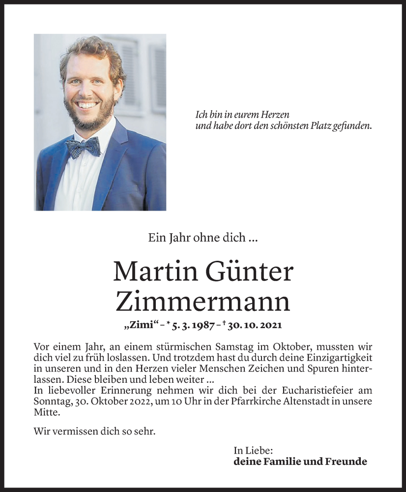  Todesanzeige für Martin Günter Zimmermann vom 27.10.2022 aus Vorarlberger Nachrichten