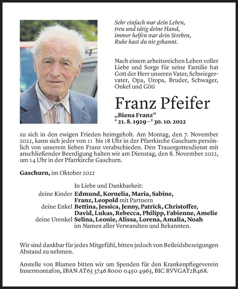  Todesanzeige für Franz Pfeifer vom 02.11.2022 aus Vorarlberger Nachrichten