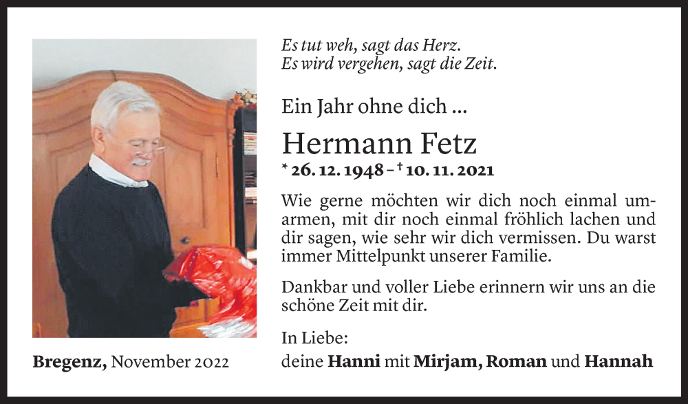  Todesanzeige für Hermann Fetz vom 10.11.2022 aus Vorarlberger Nachrichten
