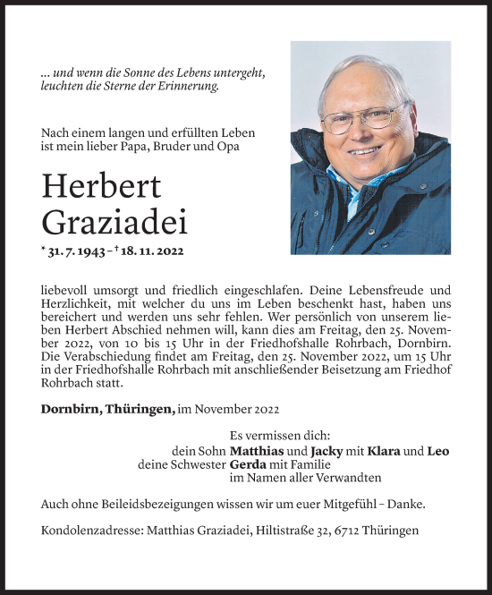 Todesanzeige von Herbert Graziadei von Vorarlberger Nachrichten