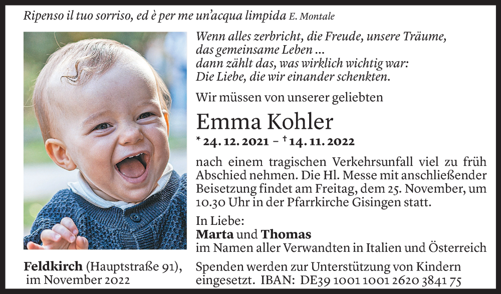 Todesanzeige für Emma Kohler vom 22.11.2022 aus Vorarlberger Nachrichten