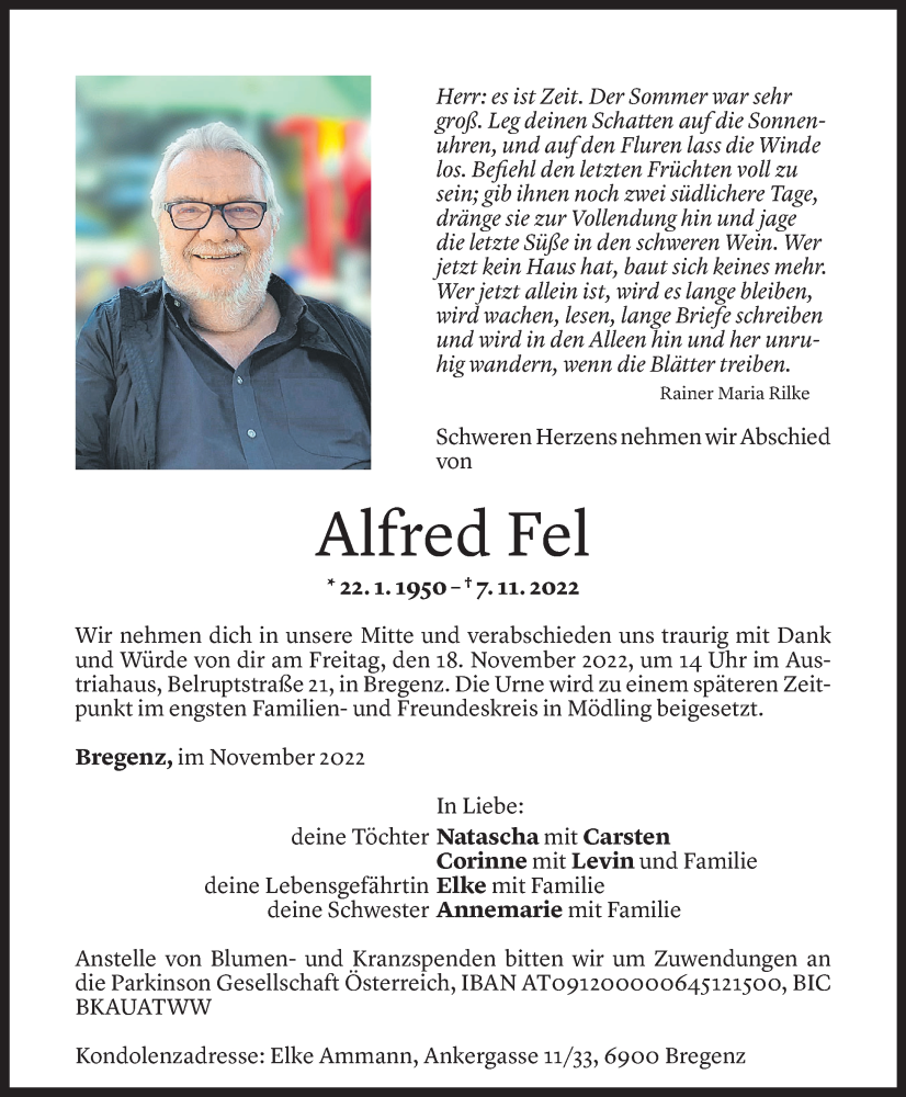  Todesanzeige für Alfred Fel vom 15.11.2022 aus Vorarlberger Nachrichten