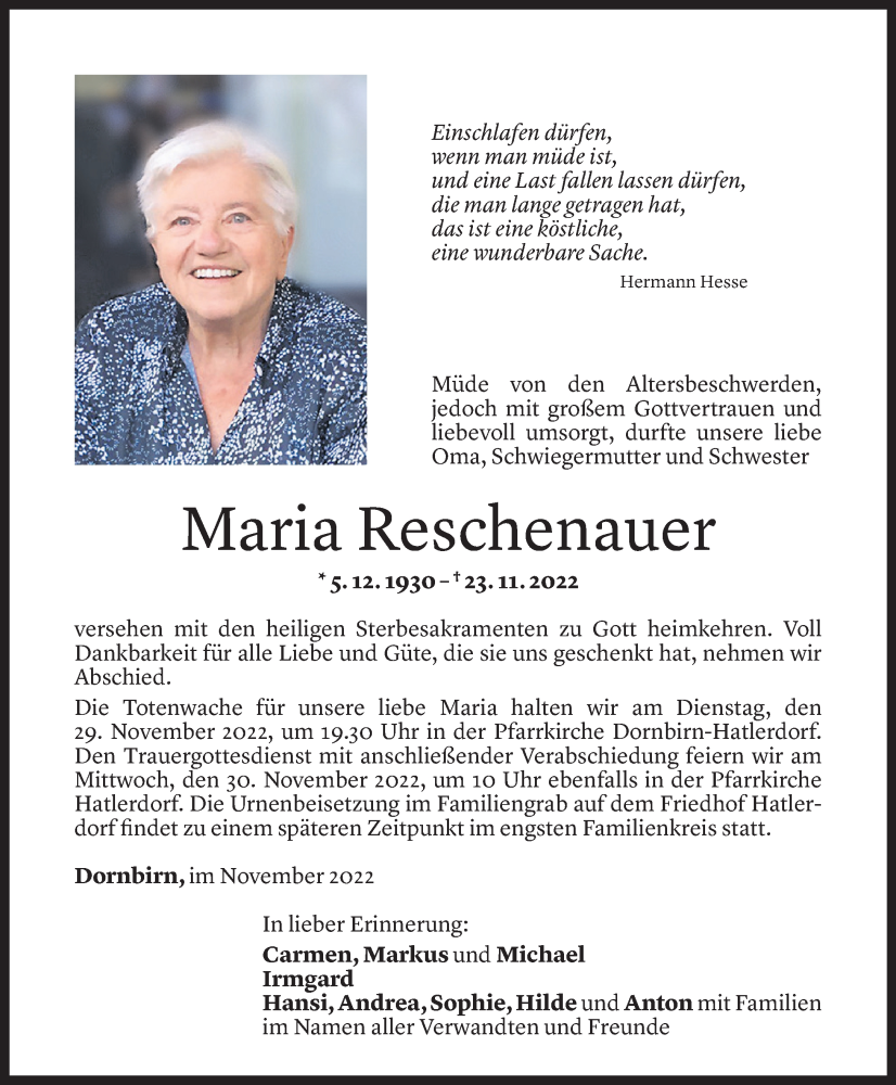  Todesanzeige für Maria Reschenauer vom 25.11.2022 aus Vorarlberger Nachrichten