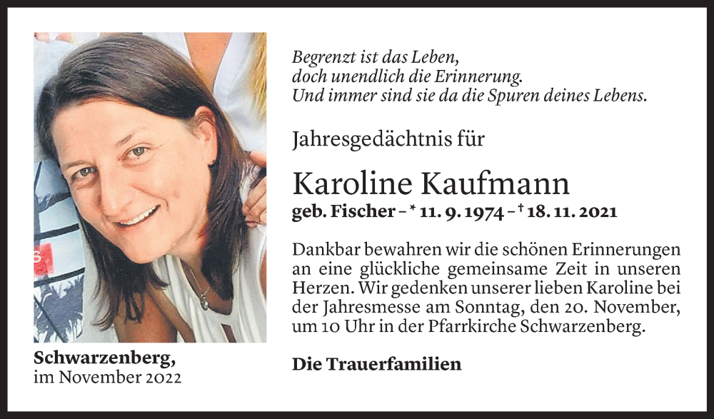  Todesanzeige für Karoline Kaufmann vom 18.11.2022 aus Vorarlberger Nachrichten
