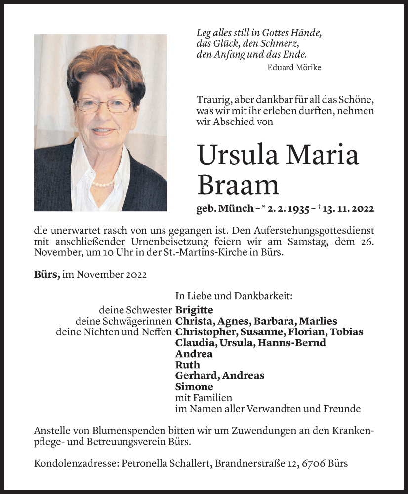  Todesanzeige für Ursula Maria Braam vom 24.11.2022 aus Vorarlberger Nachrichten