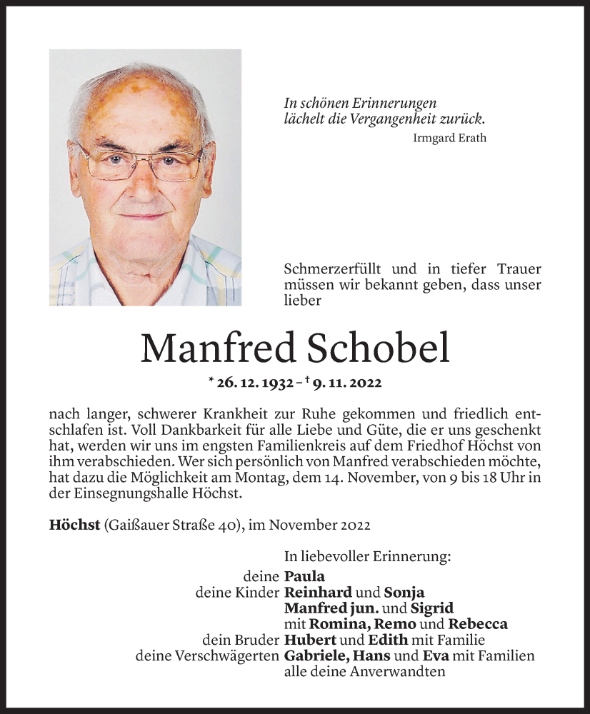  Todesanzeige für Manfred Schobel vom 11.11.2022 aus Vorarlberger Nachrichten