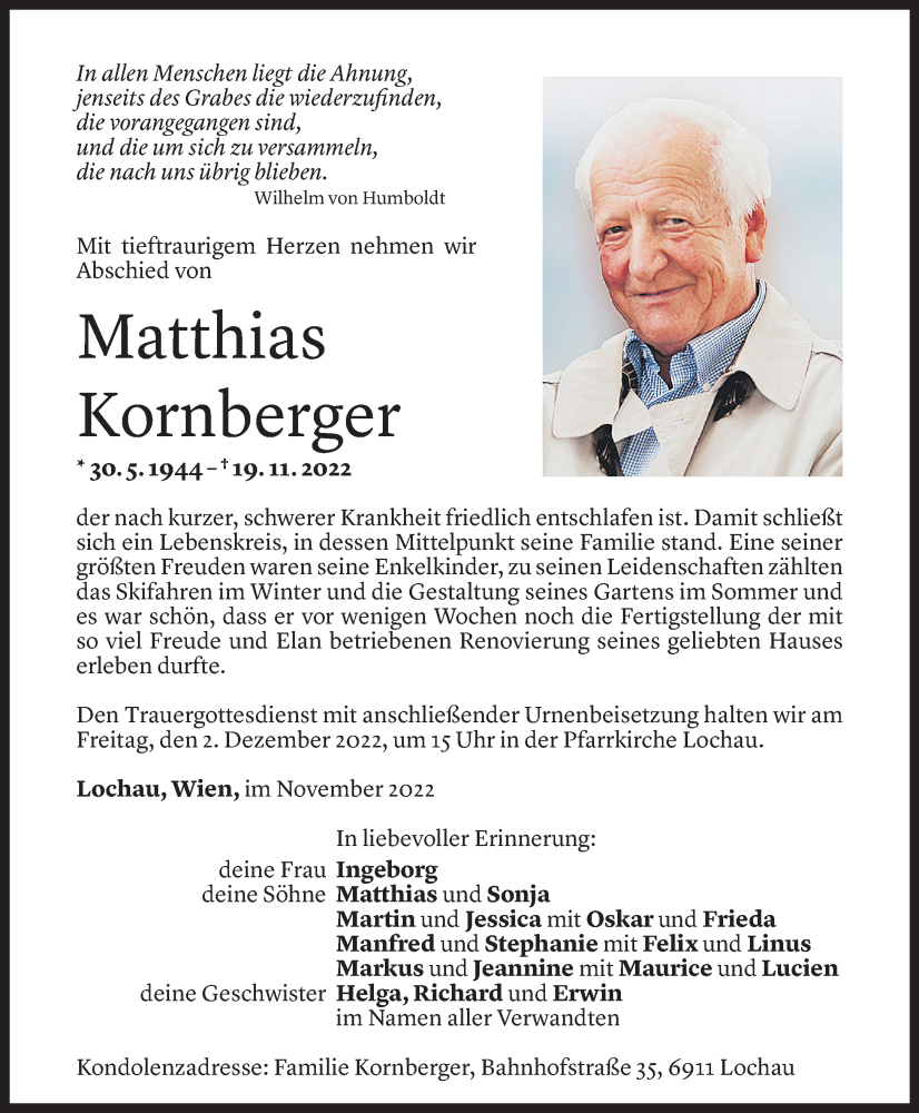  Todesanzeige für Matthias Kornberger vom 28.11.2022 aus Vorarlberger Nachrichten