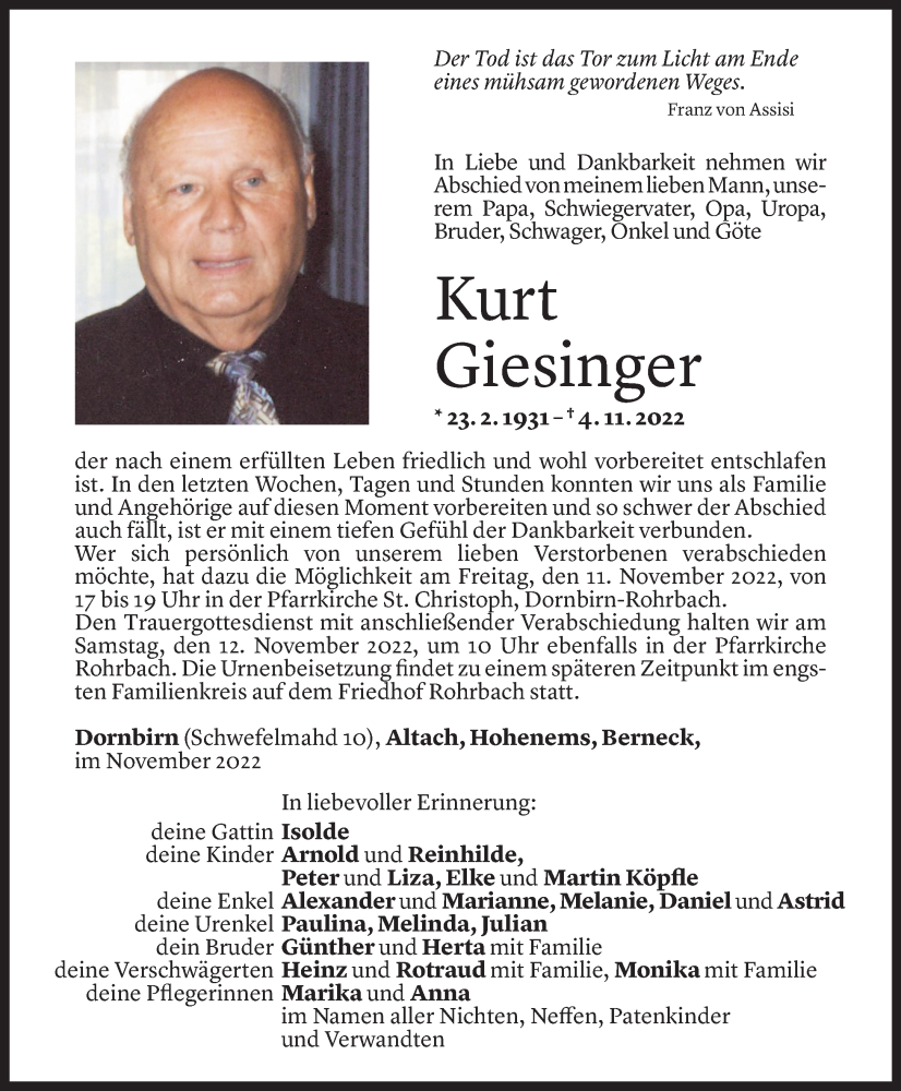  Todesanzeige für Kurt Giesinger vom 09.11.2022 aus Vorarlberger Nachrichten