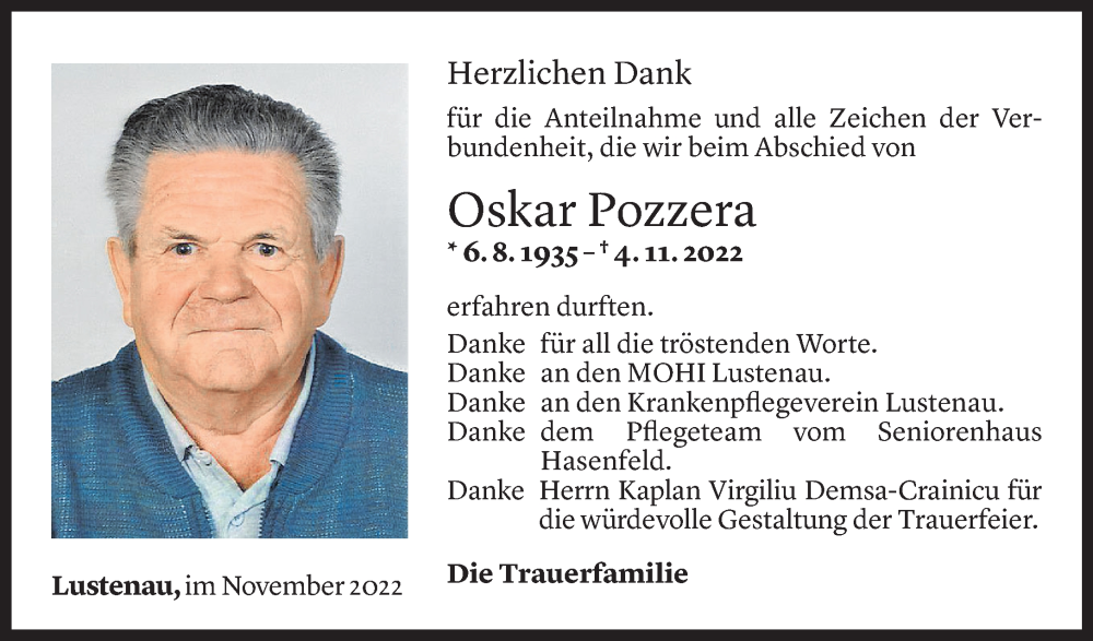  Todesanzeige für Oskar Pozzera vom 27.11.2022 aus Vorarlberger Nachrichten