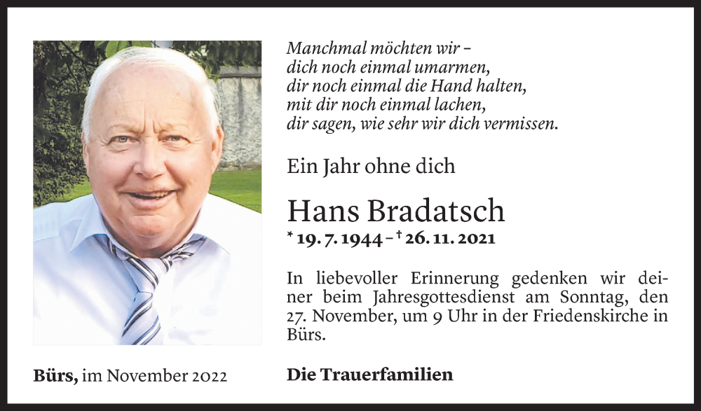  Todesanzeige für Hans Bradatsch vom 24.11.2022 aus Vorarlberger Nachrichten