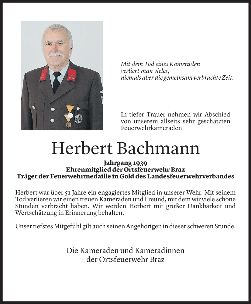  Todesanzeige für Herbert Bachmann vom 30.11.2022 aus Vorarlberger Nachrichten