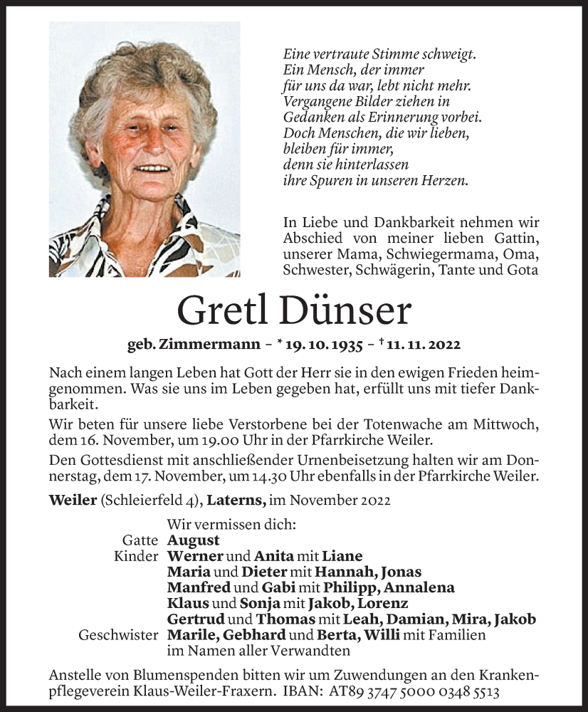  Todesanzeige für Gretl Dünser vom 15.11.2022 aus Vorarlberger Nachrichten