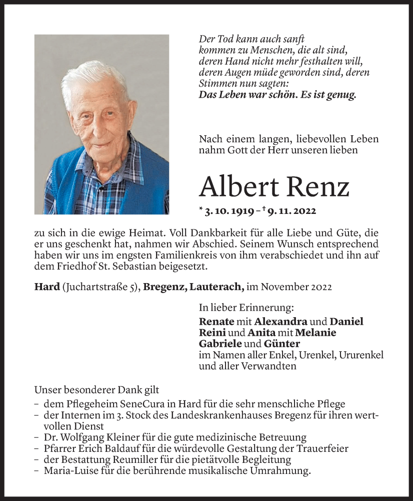  Todesanzeige für Albert Renz vom 19.11.2022 aus Vorarlberger Nachrichten