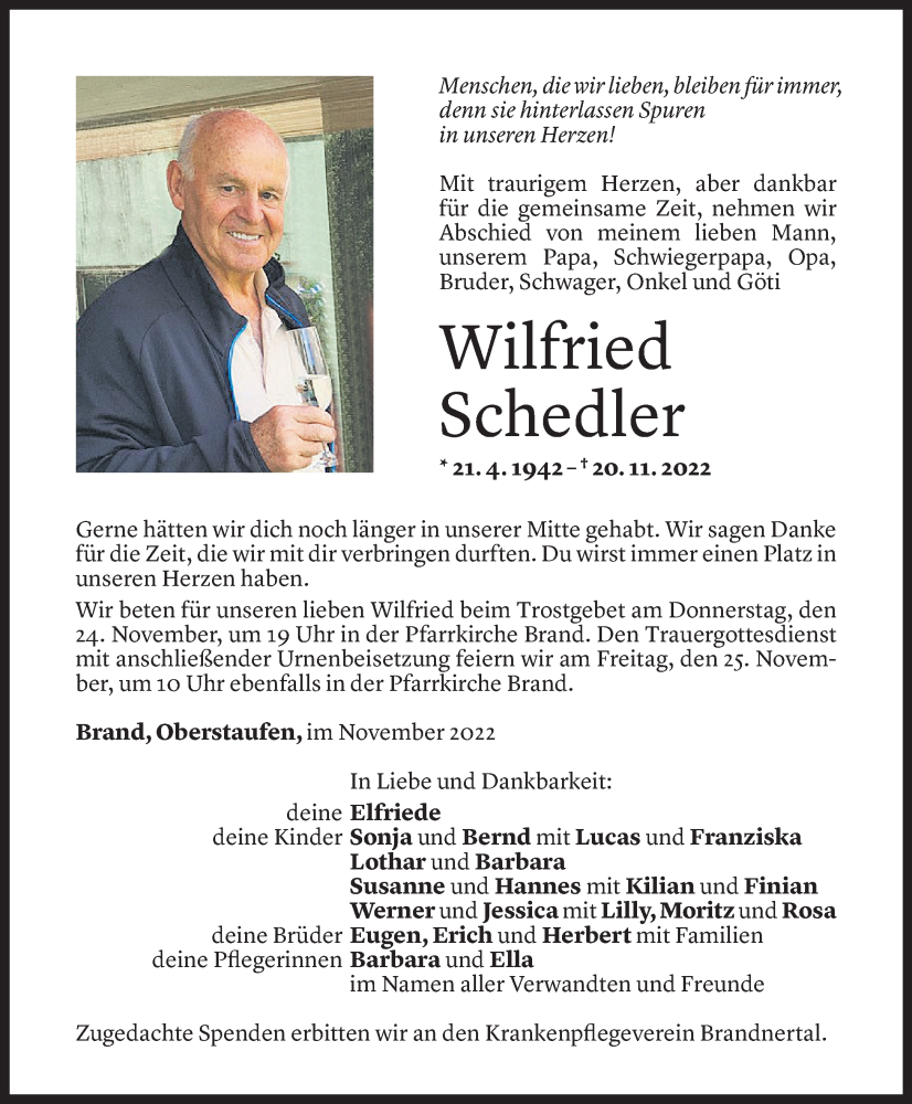  Todesanzeige für Wilfried Schedler vom 23.11.2022 aus Vorarlberger Nachrichten